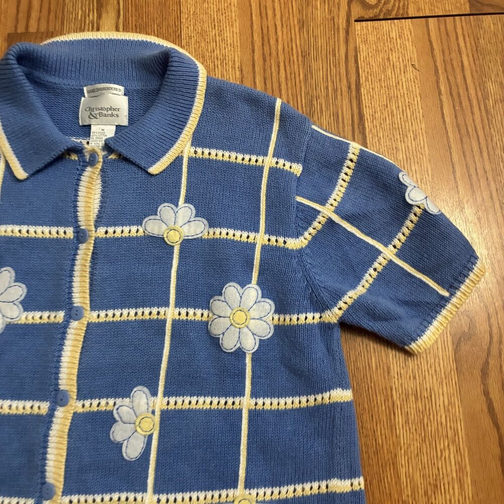 Vintage Blue Yellow Floral Daisy Knit Sweater Hand Embroidered M Button Down Top - Picture 4 of 7